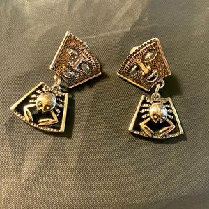 Vintage Sarah Coventry Tribal Mask Crab Zodiac Clip On Earrings Tailsman of Love